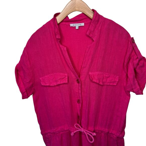 BISCOTE 100% Linen Tie Waist Short Sleeve One Piece Jumpsuit Size M/L - Picture 4 of 6